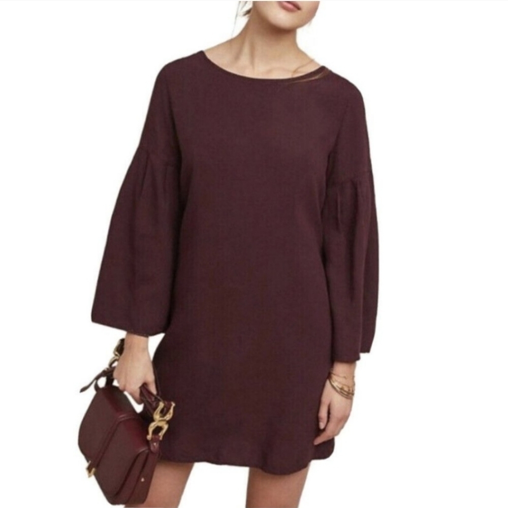 Anthropologie Cloth and Stone Bell Sleeve Mini Dress size Medium Burgundy Maroon